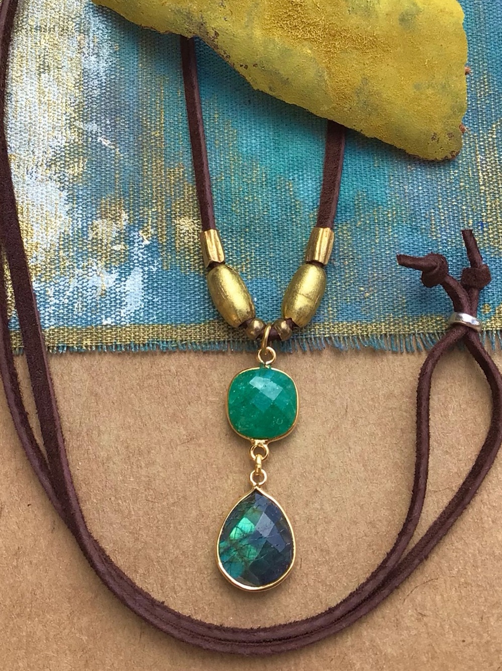 Natural Labradorite Emerald leather suede cord Sundance Charm Necklace SALE
